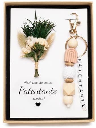 ZJKUBOIS Patentante Fragen Geschenk - Schlüsselanhänger mit Möchtest du meine Patentante werden | Grußkarten | Getrocknete Blume | Geschenkbox, Schwangerschaft Verkünden Taufgeschenke für Paten