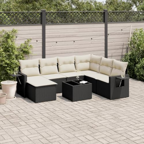 QJBSAVVA 8-TLG. Garten-Lounge Schwarz Poly-Rattan-Korbsessel mit Cremekissen & Glastisch für Terrasse Balkon