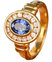 Ringe Frauen Cool, Ringe Frauen Gold Set Ovaler Labor-Saphir im Vintage-Design mit 4 Zinken, 1,2 Ct, mit Rundem Moissanit 18K Gelbgold Größe 50 (15.9)