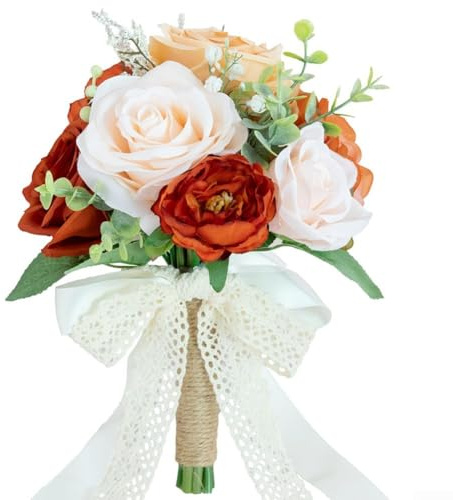 Seiden-Hochzeitsstrauß mit gebrannten orangefarbenen Rosen und rosa-orangen Dahlien, künstlicher Braut- und Brautjungfer-Blumendekor, 25 cm (orange)
