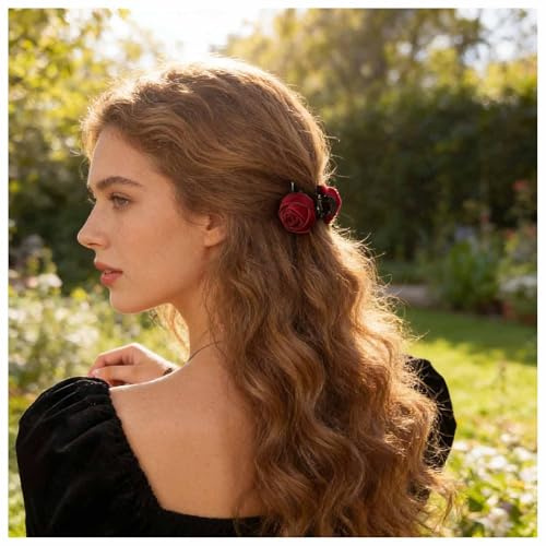 Cybche French Rose Flower Claw Clip Fabric Flower Hair Clip Red Rose Hairclips Small Floral Clips Claw Hawaiian Floral Hair Barrettes Decorative Hairs Accessories Jewelry for Women Headdress