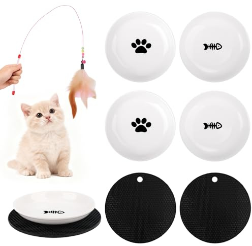 HGRGHH Gamelle Chat,4PCS Gamelle Chat Ceramique avec 2PCS Base Caoutchouc Antidérapant et 1PCS Bâton de Chati,Céramique Plat Nourriture Gamelles pour Chati,Petit Assiette Chats Chaton,Bol pour Chats