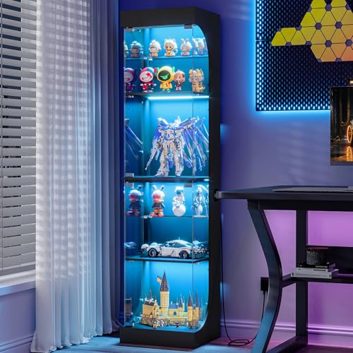 Hzuaneri Vitrinenschrank, Vitrine mit Intelligente Sensorik, Glastvitrine | mit RGB-Leuchten, mit 6 Regalen, für Büro, Wohnzimmer, Schwarz, 35 x 40 x 165 cm, DC00106XEU