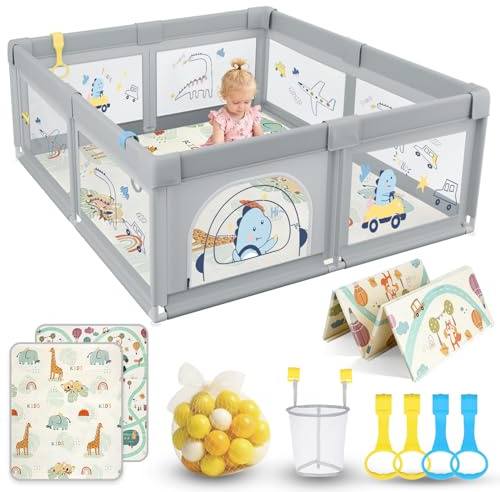 SOFTHOM Laufstall Baby 150x180, Laufgitter Baby inkl Matratze&60 Bälle | Baby Laufstall mit Atmungsaktivem Netz&Rutschfester Basis, Langlebig Oxford-Stoff, Indoor Spielplatz mit Ballkorb&4 Zugring