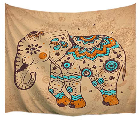 A.Monamour Wanddekor Wandbild Vorhang Wandteppiche Braun Indisch Mandala Stammes- Elefant Tattoo Kunstdruck Stoff Wand Hängen Tapisserie Hippie Wand Kunst Für Schlafsäle Zubehör 153X203Cm / 60 X80
