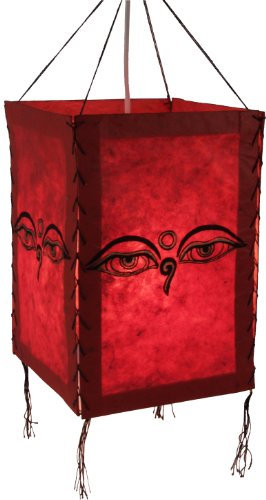GURU SHOP Lokta Papier Hänge Lampenschirm, Deckenleuchte aus Handgeschöpftem Papier - Buddha Augen Rot, 28x18x18 cm