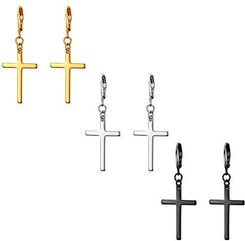 JewelryWe Creolen Ohrringe mit Kreuz Anhänger: 3 Paar Set Edelstahl Klassisch Creolen Huggie Ohrringe mit Baumelnde Kreuz Ohrstecker Ohrhänger Ohr-Piercing für Herren Damen, Schwarz Gold Silber