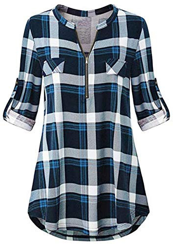 Odosalii Damen V-Ausschnitt Kariert Bluse 3/4 Ärmel Langarm Reißverschluss Tunika Longshirt Hemd Tops T-Shirt, XXL, A_blau Kariert