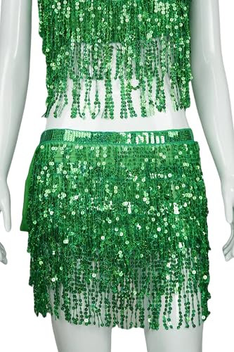 Wuchieal Pailletten Glitzer Rock Bauchtanz Hüfttuch Kostüm Quaste Outfits Gürtel Festival Kleidung (Dunkelgrün, One Size)