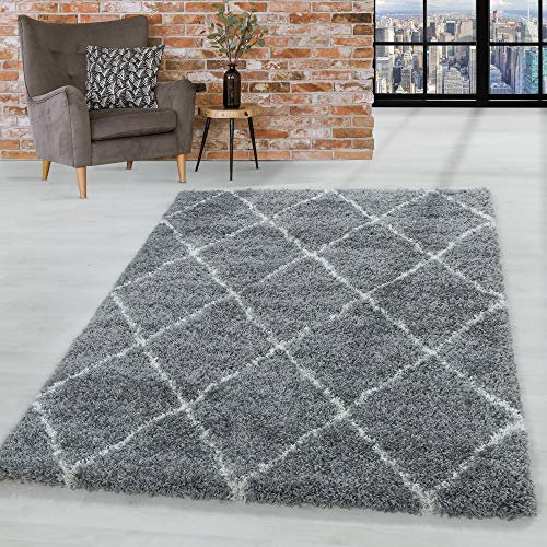 HomebyHome Teppich Wohnzimmer und Schlafzimmer Shaggy Teppich Skandinavisch Raute Design Grau und Weiss Läufer 80x150 cm - Hochflor Teppich Wohnzimmer Extra Weich Pflegeleicht - Carpet Living Room
