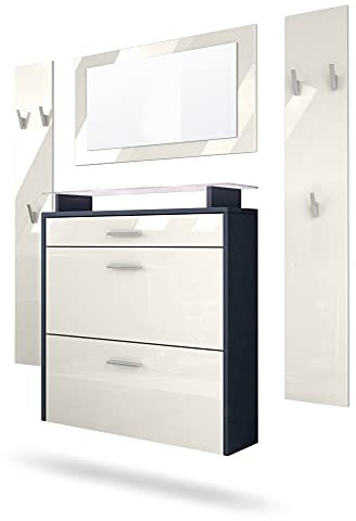 Vladon Garderobe Malea, Garderobenset bestehend aus 1 Hängeschuhschrank, 1 Wandspiegel und 2 Garderobenpaneele, Anthrazit matt/Creme Hochglanz, inkl. LED-Beleuchtung weiß