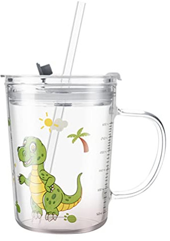 Toddmomy Tazza in vetro con coperchio e manico in cannuccia, per tè e latte, per donne e bambini, 300 ml