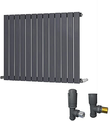 Warmehaus 600 x 886mm Anthracite Radiator Horizontal Flat Panel Single Central Heating with Angled Thermostatic Radiator Valves
