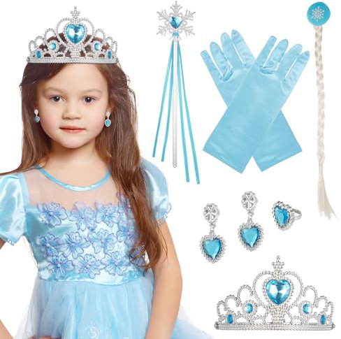 Lictin Corona Principessa Bambina Bacchetta Magica - 6 Pezzi Accessori Principessa, Diadema, Guanti, Bacchetta Magica,la Treccia,Anello Dito e Orecchinoper Bambina 2-9 Anni, Azzurro