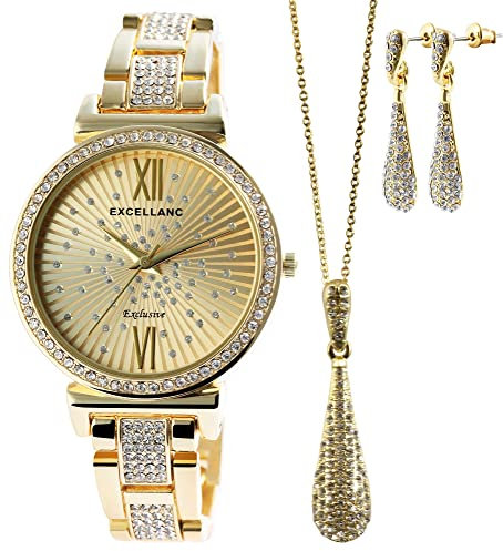 Excellanc Damen-Schmuckset Uhr Kette Ohrringe Strass 1800177 (goldfarbig 2)