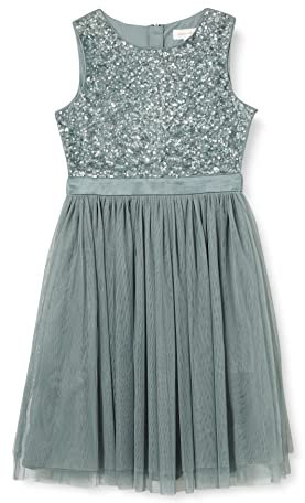 Maya Deluxe Mädchen Paillettenverziertes Hochzeit Und Geburtstag Festlich Mit Bandschleife Brautjungfernkleid Kleid, Misty Green, 7-8 Jahre EU
