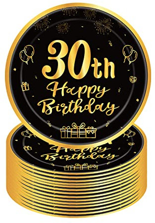 YAAVAAW Happy 30th Birthday Paper Plates 9''Black and Gold,16Pcs Disposable Tableware Party Plates,Happy Decorations for Women,Men,Him,Her Supplies Table