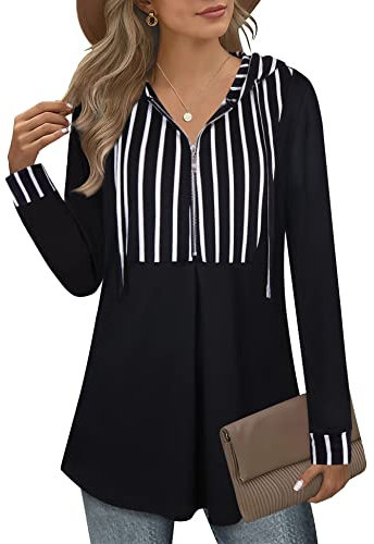 Siddhe Hoodie Damen Zip Up Gestreifter Pullover Elegant Longpullover für Damen Tunika Langarm Bluse Kapuzenpullover Oberteile Pulli mit Kapuzen Schwarz Longshirt Reißverschluss Tops Lang Sweatshirt,XL