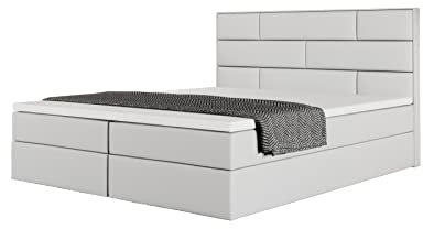 Boxspringbett Manisa 180x200 mit Bettkasten, freie Farbwahl, 5-Gang Bonellfederkern Matratze, Topper (Weiss Kunstleder)