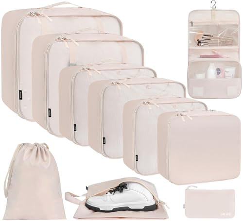 BAGAIL 10er-Set Packwürfel in verschiedenen Größen Packorganizer für Reisezubehör Handgepäck Koffer – Cremefarben