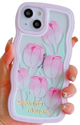 UICEAM Compatible with iPhone 7 Plus/8 Plus Case Clear with Floral Design for Women Girls,Aesthetic Cute Wavy Flowers Soft Shockproof Cell Phone Cover for 7plus/8plus (Tulip/Pink)