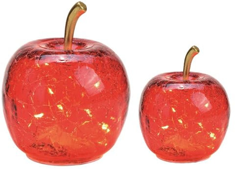 LED Deko Apfel 2er Set – Rot Leuchtend aus Glas mit Timer – Craquelé Optik – Batterie betrieben – 10 & 5 LEDs – Deko Licht für Weihnachten, Herbst & Wohnzimmer – Ø 12 & 9 cm (rot)