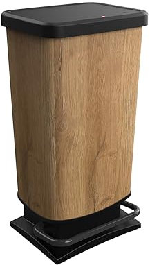 Rotho Paso Cubo de basura de 40 litros con tapa, Plástico (PP reciclado) sin BPA, Madera, 40l (35.3 x 29.5 x 67.6 cm)