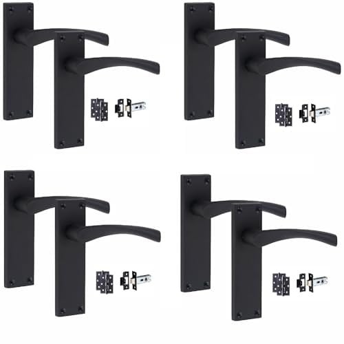 Golden Grace Victorian Scroll Astrid Door Handles Latch in Matt Black with 1 Pair of 3 Ball Bearing Hinges & Latches Pack, 4 Sets - 150mm x 40mm Backplate