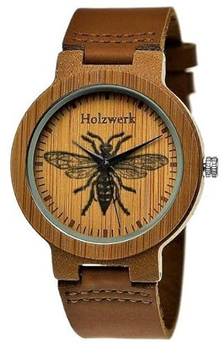 Holzwerk Germany Handgefertigte Designer Damen-Uhr Herren-Uhr Öko Natur Holz-Uhr Leder Armband-Uhr Save The Trees Analog Klassisch Quarz-Uhr Braun Baum Natur Motiv Limitiert (Wespe.Braun)