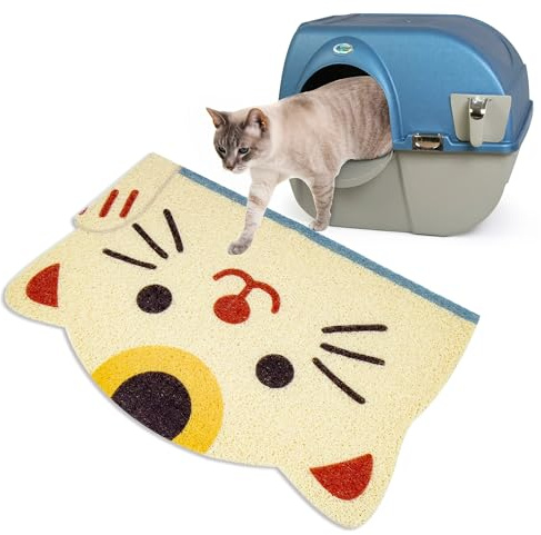 Katzenklo Matte Katzenstreumatte, Wasserdicht ＆ Rutschfest PVC Streumatte Katzenklo, Katzenkopf Design Vorleger für Katzentoilette, Sanft für Pfoten, 40x60 cm, Beige