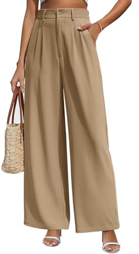 CMTOP Pantalon Fluide Femme Été Jambe Droite Pantalon Taille Haute Elastique Pantalon Large Chic et Elegant Pantalon Ample Décontracté Travail Palazzo Pantalon de Plissé avec Poches（Kaki，M）