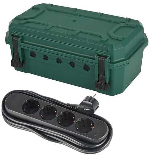 Electraline 92433 wasserdichte Schutzbox für den Außenbereich wetterfest IP54 mit mitgelieferter 4-Fach Steckdosenleiste 3M, mit 5 Kabelausgängen (von 7,5 mm bis 12,4 mm), Abmessung 390x228x138 mm