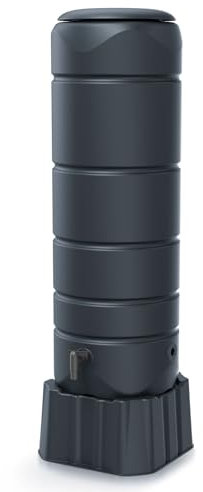 Regentonne rund Regenwassertank Standard rund Komplett-Set mit 110 Liter Volumen in der Farbe anthrazit ist aus UV- und witterungsbeständigem Material mit kindersicherem Deckel