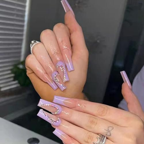 False Nails Press on Nails,Waterproof Purple Heart Shaped Diamonds Wear Fake Nails Art Patches, Full Cover Stick on Nails For Women and Girls Daily Decoration, 24Pcs