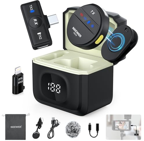 NEEWER Microfono Lavalier Wireless per iPhone, Anti Rumore, Mini Mic con USB C/OTG/Custodia di Ricarica Batteria 24h 200m a lungo raggio per Video Compatibile con iPhone 16 15 Android Phone PC, KM18