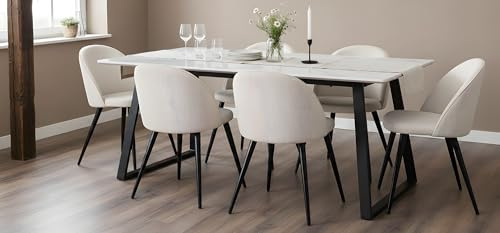 ebuy24 Essgruppe mit 6 Stühlen - Malaga Esstisch 90x200 cm Weiß mit 6 Skagen Stühlen Beige Samt skandinavisch Esszimmerset Tischgruppe 6 Personen Skandi Design Essbereich Esszimmermöbel