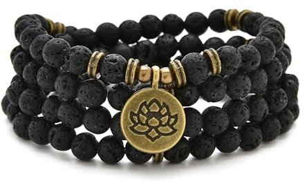 Armband oder Halskette aus 108 heilenden Mala-Perlen mit goldenem Lotus-Anhänger (Lava)