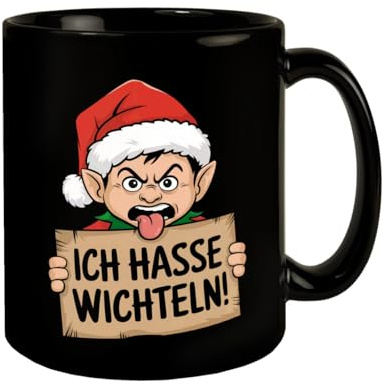 speecheese Tasse Weihnachtswichtel Ich hasse Wichteln Wütender Schwarzer | mit lustiger Illustration Weihnachtswichtel mit Mütze und herausgestreckter Zunge