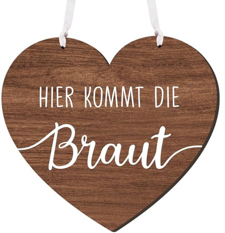 MEJOSER Hochzeit Schild Holz 22cm Hochzeitsdeko Hier Kommt die Braut Herz Trauung Deko Hochzeitsschild für Blumenmädchen Blumenkinder Brautjungfer Stuhl Wand Braut Team Braut JGA