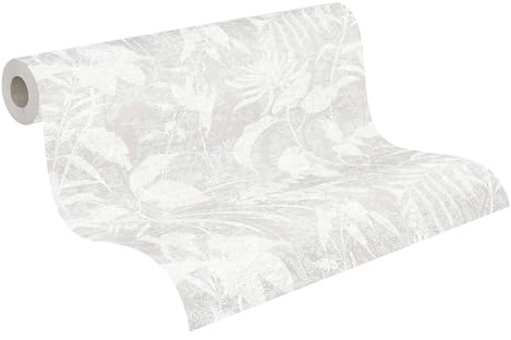 livingwalls Dschungel-Vliestapete – Weiß, Grau, Metallic – 10,05 x 0,53 m | Florales Dschungel-Motiv als natürlicher Blickfang – schimmernde Motivtapete, einfach zu verkleben & spurlos abziehbar