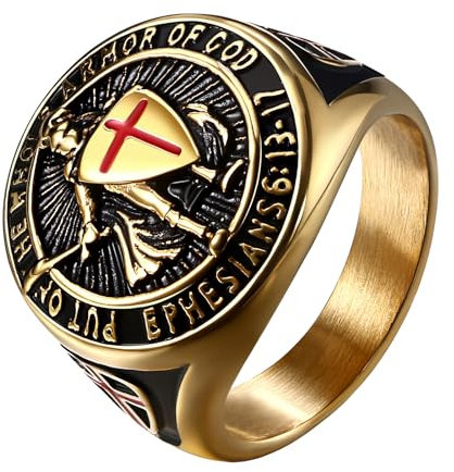 JewelryWe Heiliger Michael Ring Herren: Gold Edelstahl Herren-Ring Erzengel St. Michael Kreuz Schild Runde Siegelring Fingerring Schutzpatron Band Ring Katholische Religiöse Amulett Schmuck Größe 59