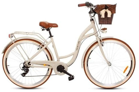 Goetze Mood 28 Zoll Damen Citybike, 18 Zoll Alu Rahmen, 7-Gang Kettenschaltung, V-Bremsen, LED-Beleuchtung, Gepäckträger, Komfortsattel, Schutzbleche, Rattankorb, Leicht & Alltagstauglich