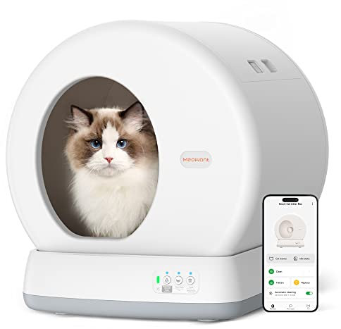 MeoWant Lettiera Gatto Autopulente, Toilette Automatica per Gatti, Anti-pizzicamento, Vaschetta Lettiera Chiusa per Gatti Grandi e Multipli, Controllo APP, Lettiera Robot, Degli Odori, con Tappetino