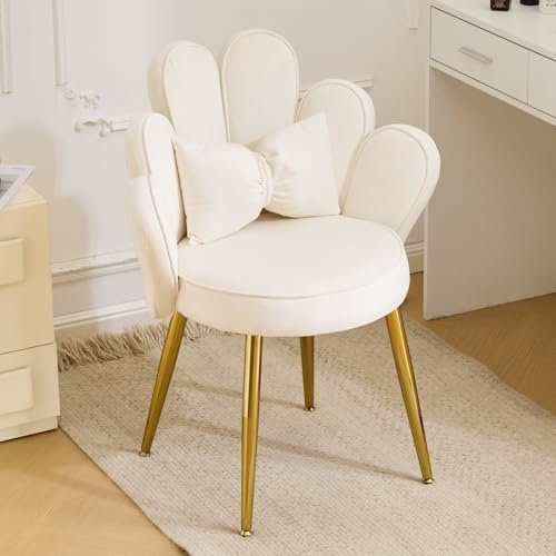 Bonnlo Armchair Accent Chair, Velvet Chair with Golden Legs for Vanity, Modern Petal Side Chair for Bedroom/Living room, White