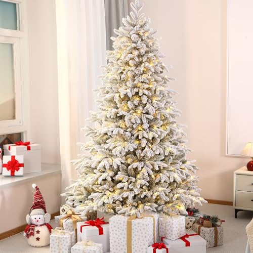 SHareconn 6.5FT Christmas Tree, PE Cedar Flocking Snowing Artificial Xmas Trees with Warm White Lights, Christmas Holiday Decorations for Home Office
