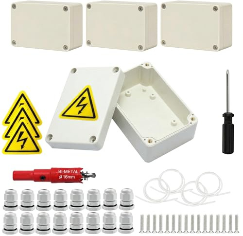 4 Stück Anschlussdose, IP67 Weiße Abzweigdose Wasserdicht, 100 * 68 * 50mm Aufputz Verteilerdose, Gehäuse Elektronik mit 16 Kabelverschraubungen, Sicherheitsschilder, Lochsäge 16mm, Schraubenzieher