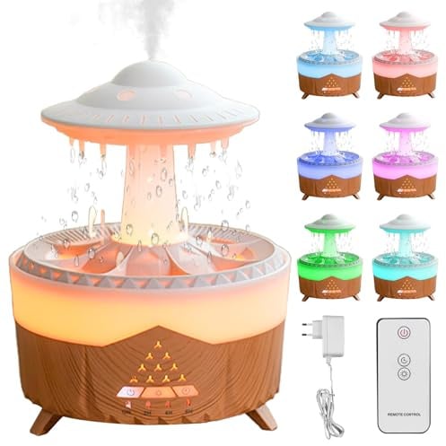 Regenwolken Luftbefeuchter und Diffusor 350ML Wasser-UFO-Form-Luftbefeuchter mit Fernbedienung, 7 Farben Aromatherapie Diffusor Weißer Lärm-Regentropfen-Luftbefeuchter für Schlafzimmer