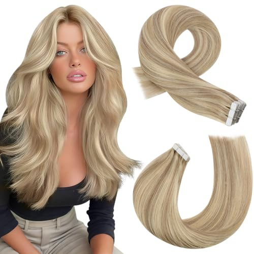 Moresoo Tape Hair Extensions Blonde Highlight Remy Straight Hair 24 Inch | Salon Quality, Adds Volume to Fine Hair, Long Lasting Hold, For Wedding and Party Styling, Adds Dramatic Length, Dyeable