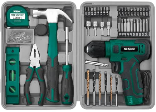 Hi-Spec 8V USB Cordless Drill Driver & Starter Tool Kit for Home DIY, Green | Fast assembly jobs, cord-free control, compact case storage, wood metal masonry accessories, project ready, fast setup