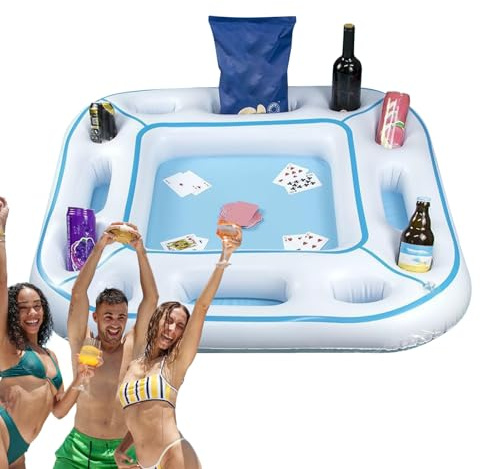 Schwimmender Spieltisch für Pool, Schwimmender Tisch mit Wasserdichten Karten, Spieltablett Aufblasbarer Getränke-Snackhalter für Lake River Beach Hinterhof Poolside Familie Erwachsene